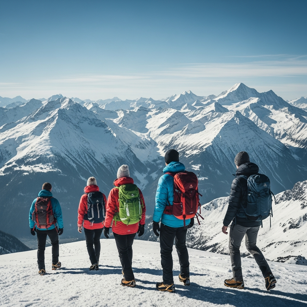 Un groupe de randonneurs marchant sur un sentier de montagne en hiver