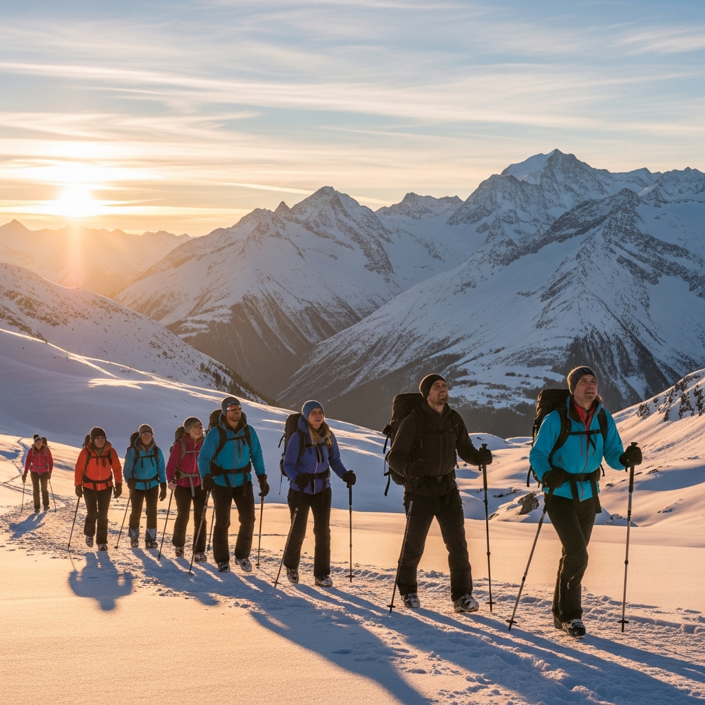 A group of hikers walking on a mountain trail